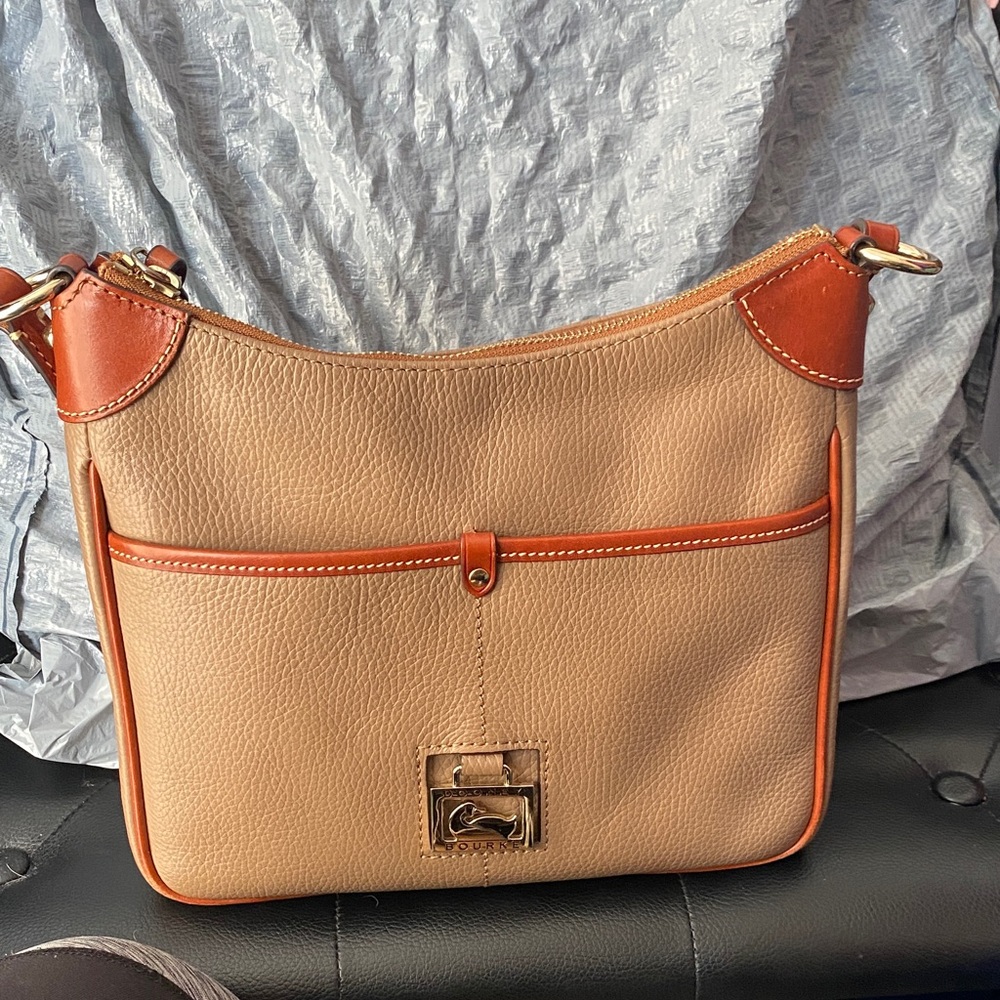 Women's Dooney & Bourke Kimberly  Leather Shoulder Bag in Taupe with Tan Trim
